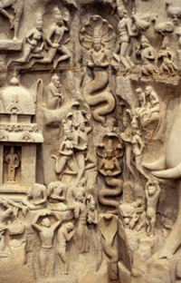 DIVINE NAGAS AND Naginis swim up the river as the Ganga descends from the heavens. 