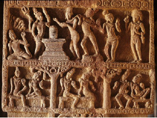 Saivite theme sculpted on an interior pillar of the Virupaksha temple.