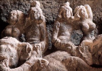 RIDERS ON ELEPHANTS, pillar capitals, Karle chaitya-griha.